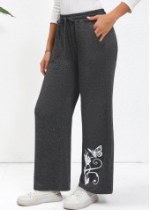 Dark Grey bottoms,Animal Print bottoms,Drawstring Butterfly Print Dark Grey Wide Leg Pants