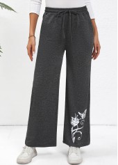 Dark Grey bottoms,Animal Print bottoms,Drawstring Butterfly Print Dark Grey Wide Leg Pants