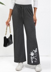 Dark Grey bottoms,Animal Print bottoms,Drawstring Butterfly Print Dark Grey Wide Leg Pants