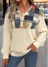 Light Yellow plus size,Geometric plus size,ROTITA Plus Size Button Light Yellow Geometric Print Sweatshirt