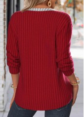 Wine Red tops,Contrast Color tops,ROTITA Button Wine Red Split Neck Long Sleeve Sweatshirt