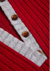 Wine Red tops,Contrast Color tops,ROTITA Button Wine Red Split Neck Long Sleeve Sweatshirt