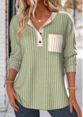 sweat-shirt à manches longues et col fendu vert sauge patchwork rotita