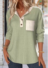 Sage Green tops,Contrast Color tops,ROTITA Patchwork Sage Green Split Neck Long Sleeve Sweatshirt