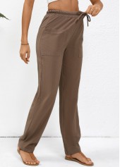 Dark Coffee bottoms,Plain Color bottoms,Drawstring Dark Coffee Straight Leg Elastic Waist Pants