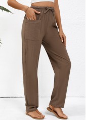 Dark Coffee bottoms,Plain Color bottoms,Drawstring Dark Coffee Straight Leg Elastic Waist Pants