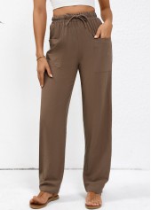Dark Coffee bottoms,Plain Color bottoms,Drawstring Dark Coffee Straight Leg Elastic Waist Pants