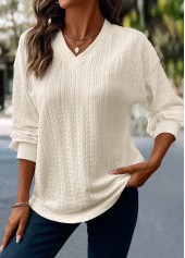 Beige tops,Plain Color tops,ROTITA Jacquard Beige V Neck Long Sleeve T Shirt