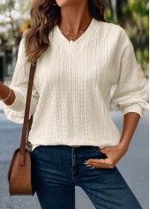 Beige tops,Plain Color tops,ROTITA Jacquard Beige V Neck Long Sleeve T Shirt