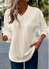 Beige tops,Plain Color tops,ROTITA Jacquard Beige V Neck Long Sleeve T Shirt