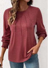 Brick Red tops,Plain Color tops,ROTITA Tuck Stitch Brick Red Round Neck T Shirt