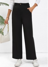 Black bottoms,Plain Color bottoms,Button Black Straight Leg High Waisted Pants