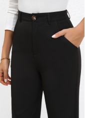 Black bottoms,Plain Color bottoms,Button Black Straight Leg High Waisted Pants