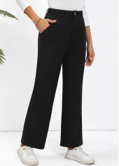 Black bottoms,Plain Color bottoms,Button Black Straight Leg High Waisted Pants