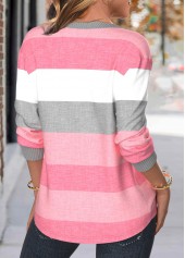 Pink tops,Striped tops,Geometric tops,ROTITA Patchwork Striped Pink Split Neck Long Sleeve Sweatshirt