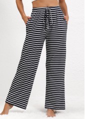 Black bottoms,Striped bottoms,Geometric bottoms,Pocket Striped Black Straight Leg Elastic Waist Pants