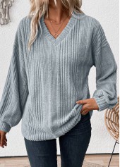 Light Blue tops,Plain Color tops,ROTITA Light Blue V Neck Long Sleeve T Shirt