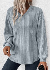 Light Blue tops,Plain Color tops,ROTITA Light Blue V Neck Long Sleeve T Shirt