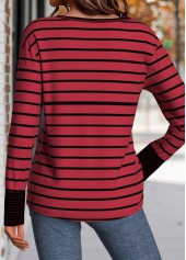 Wine Red tops,Striped tops,Geometric tops,ROTITA Patchwork Striped Wine Red Round Neck T Shirt