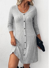 Light Grey dresses,Plain Color dresses,Everyday dresses,Casual dresses,ROTITA Button Light Grey Scoop Neck Long Sleeve Dress
