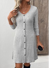 Light Grey dresses,Plain Color dresses,Everyday dresses,Casual dresses,ROTITA Button Light Grey Scoop Neck Long Sleeve Dress
