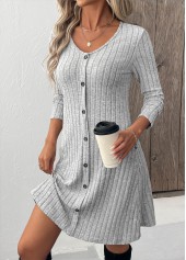 Light Grey dresses,Plain Color dresses,Everyday dresses,Casual dresses,ROTITA Button Light Grey Scoop Neck Long Sleeve Dress