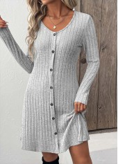 Light Grey dresses,Plain Color dresses,Everyday dresses,Casual dresses,ROTITA Button Light Grey Scoop Neck Long Sleeve Dress