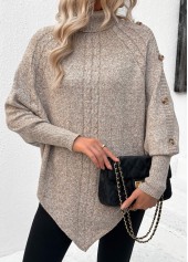 Light Camel tops,Plain Color tops,Button Light Camel High Neck Long Sleeve Sweater