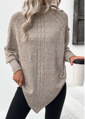 Light Camel tops,Plain Color tops,Button Light Camel High Neck Long Sleeve Sweater