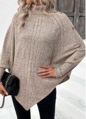 Light Camel tops,Plain Color tops,Button Light Camel High Neck Long Sleeve Sweater