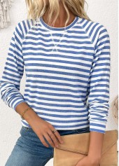 Light Blue tops,Striped tops,Geometric tops,ROTITA Striped Light Blue Round Neck Long Sleeve T Shirt
