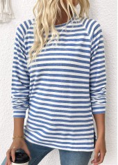 Light Blue tops,Striped tops,Geometric tops,ROTITA Striped Light Blue Round Neck Long Sleeve T Shirt