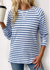 Light Blue tops,Striped tops,Geometric tops,ROTITA Striped Light Blue Round Neck Long Sleeve T Shirt