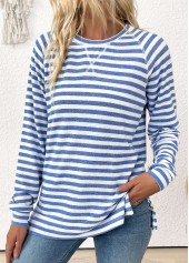 Light Blue tops,Striped tops,Geometric tops,ROTITA Striped Light Blue Round Neck Long Sleeve T Shirt