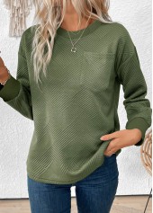 Olive Green tops,Plain Color tops,ROTITA Jacquard Olive Green Round Neck Long Sleeve Sweatshirt