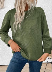 Olive Green tops,Plain Color tops,ROTITA Jacquard Olive Green Round Neck Long Sleeve Sweatshirt