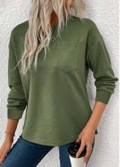 Olive Green tops,Plain Color tops,ROTITA Jacquard Olive Green Round Neck Long Sleeve Sweatshirt