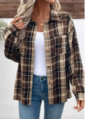 Dark Coffee tops,Plaid tops,Geometric tops,ROTITA Curved Hem Plaid Dark Coffee Turn Down Collar Shirt