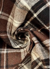 Dark Coffee tops,Plaid tops,Geometric tops,ROTITA Curved Hem Plaid Dark Coffee Turn Down Collar Shirt