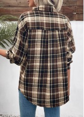 Dark Coffee tops,Plaid tops,Geometric tops,ROTITA Curved Hem Plaid Dark Coffee Turn Down Collar Shirt