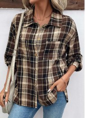 Dark Coffee tops,Plaid tops,Geometric tops,ROTITA Curved Hem Plaid Dark Coffee Turn Down Collar Shirt
