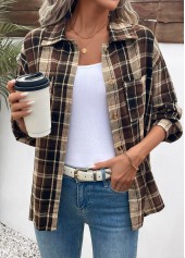 Dark Coffee tops,Plaid tops,Geometric tops,ROTITA Curved Hem Plaid Dark Coffee Turn Down Collar Shirt