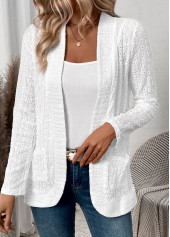 White tops,Plain Color tops,ROTITA Lace White Long Sleeve Pocket Coat