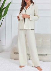 White loungewear,Contrast Color loungewear,White Turn Down Collar Lounge Top and Pants