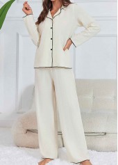 White loungewear,Contrast Color loungewear,White Turn Down Collar Lounge Top and Pants