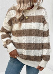 Dark Coffee tops,Striped tops,Geometric tops,Weave Striped Dark Coffee Round Neck Long Sleeve Sweater