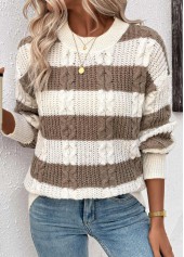 Dark Coffee tops,Striped tops,Geometric tops,Weave Striped Dark Coffee Round Neck Long Sleeve Sweater