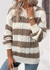 Dark Coffee tops,Striped tops,Geometric tops,Weave Striped Dark Coffee Round Neck Long Sleeve Sweater