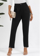 Black bottoms,Plain Color bottoms,Button Black High Waisted Ankle-length Pants
