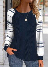 Navy tops,Striped tops,Geometric tops,ROTITA Patchwork Striped Navy Round Neck Long Sleeve Sweatshirt